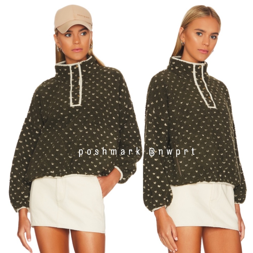 THE GREAT🏕️ Countryside Sherpa Heart Sweater Pullover Jacket Olive Green 0 XS